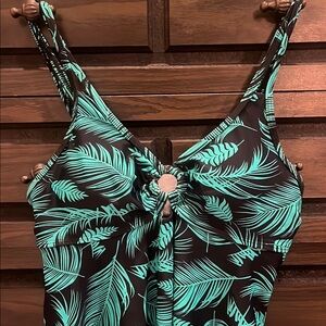 Teal Tropical Leaf Print Tankini Top